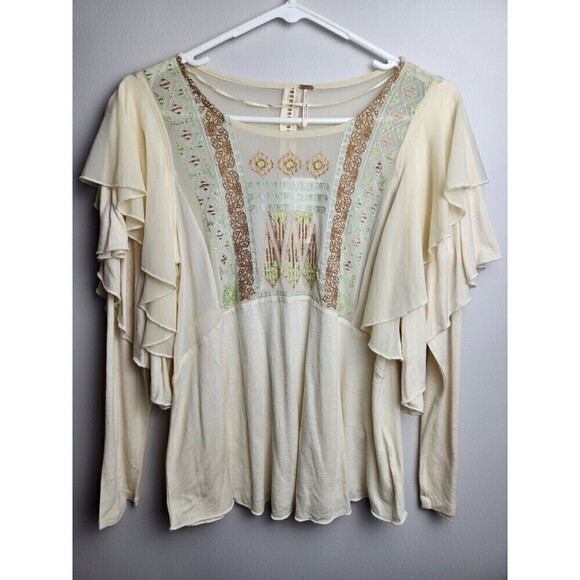 Free People OB651125 La Cienga Embroidered Tiered Ruffle Blouse Almond Sz XS NWT - Picture 1 of 9